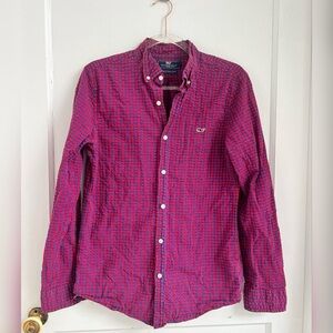 Vineyard Vines Shirt Red Blue Gingham Slim Fit Whale Button Seersucker $118 S